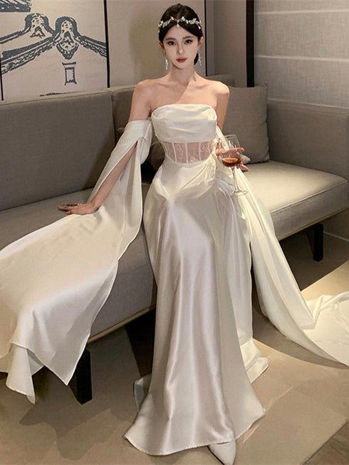 White Satin Off Shoulder Wedding Party Dress, White A-line Long Evening Dress Prom Dress